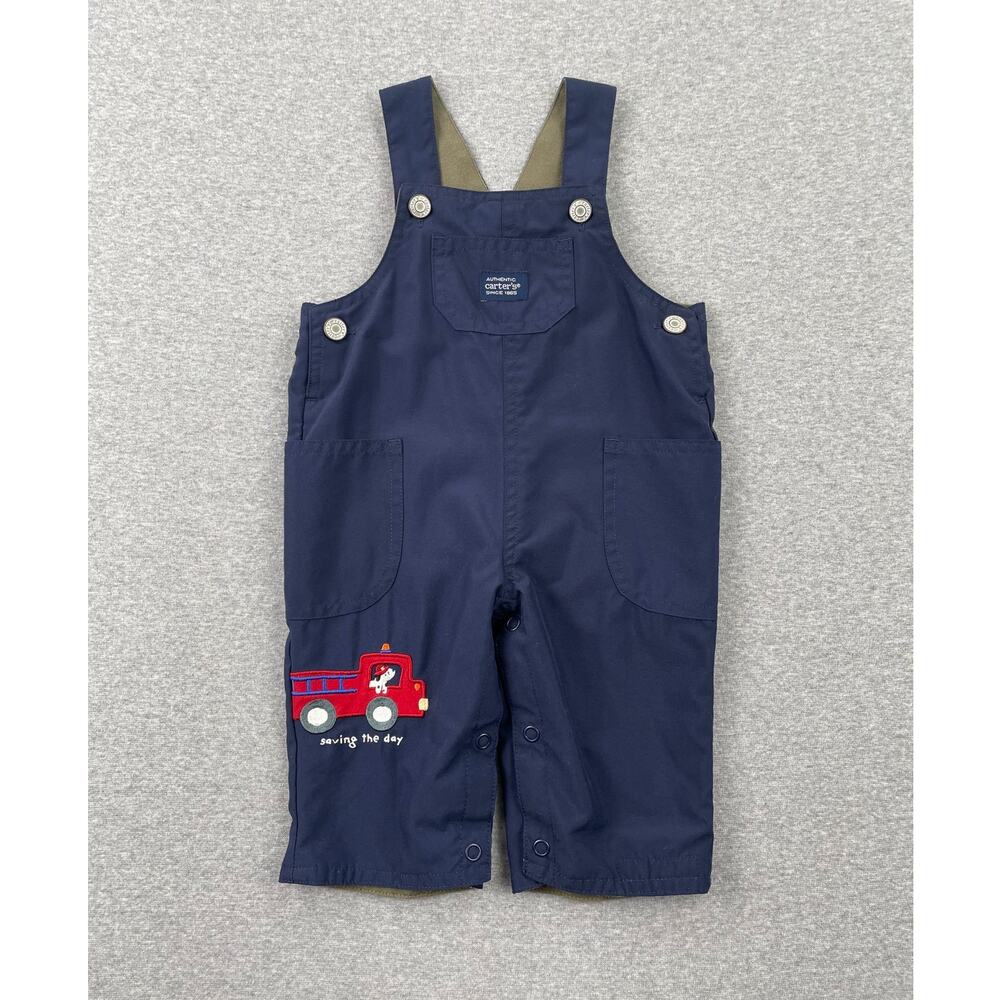 Vintage Y2K Carters Baby Overalls 3 months Navy Blue Firetruck Dog Embroidery